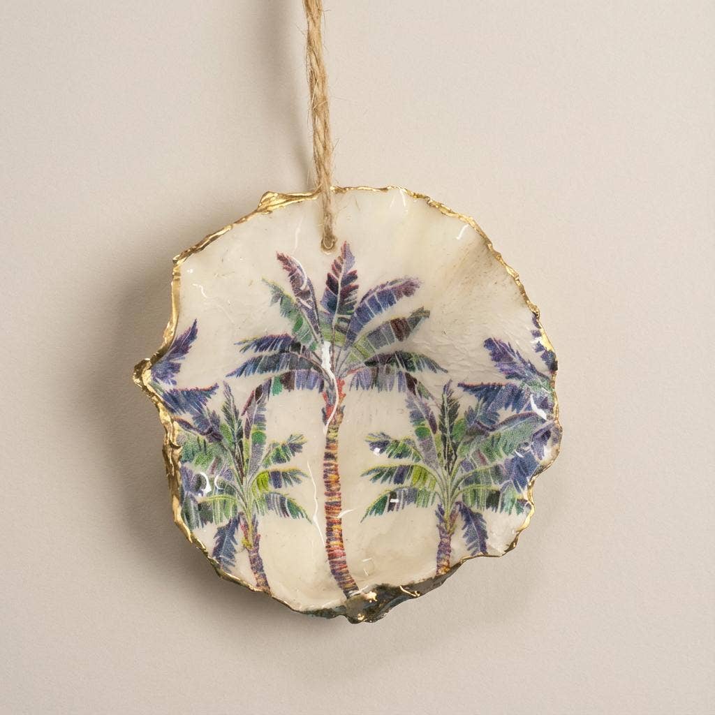 Palm tree motif oyster shell holiday ornament with gold finish