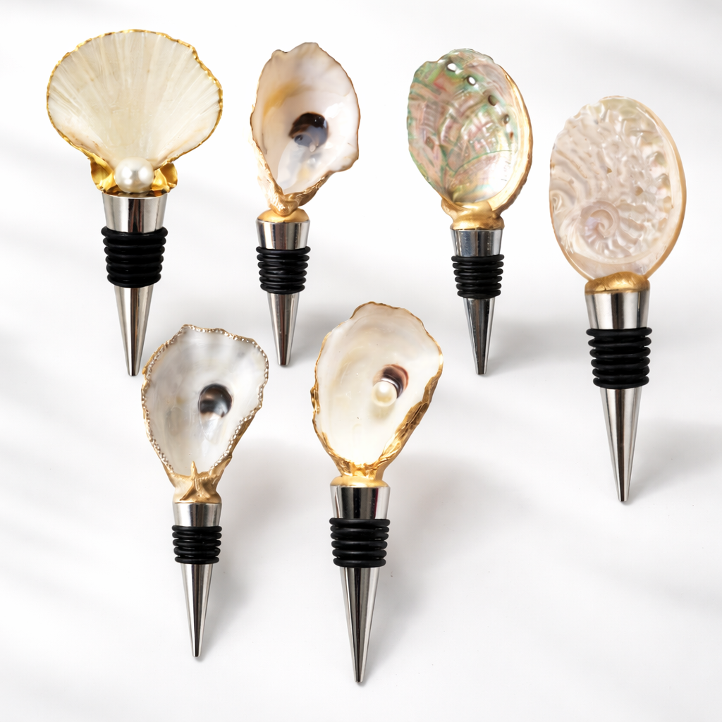Case pack of 12 luxury oyster shell wine stoppers for wholesale