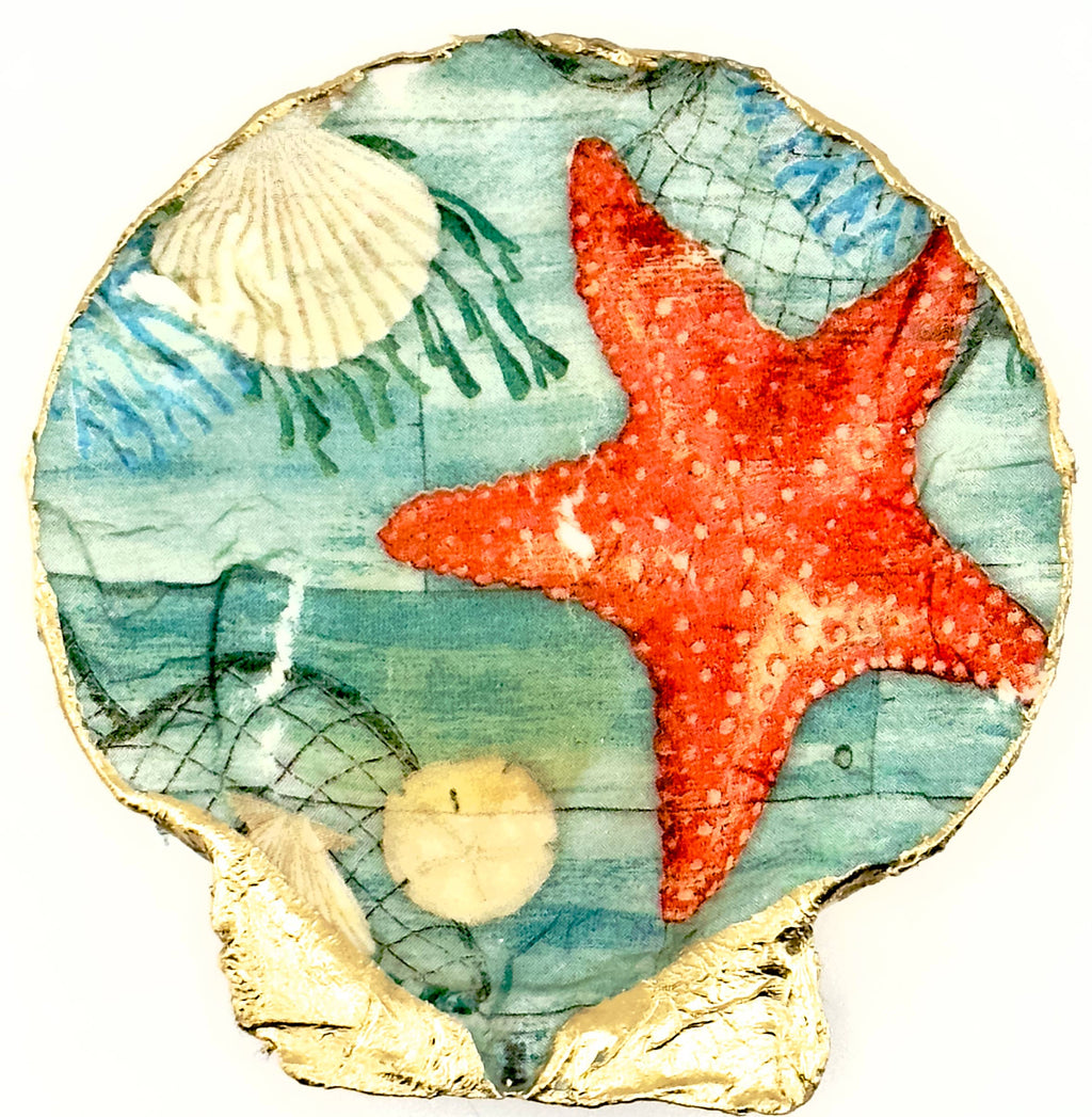 Starfish motif shell soap dish with gold accents