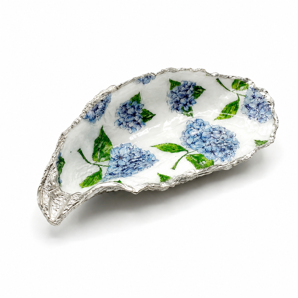 Blue Hydrangea Oyster Shell Jewelry Dish
