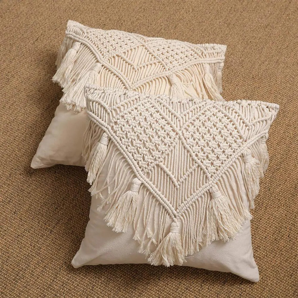 Cotton Linen Macrame Hand-woven Pillow Covers - Bohemian Style Home Decor 45x45cm