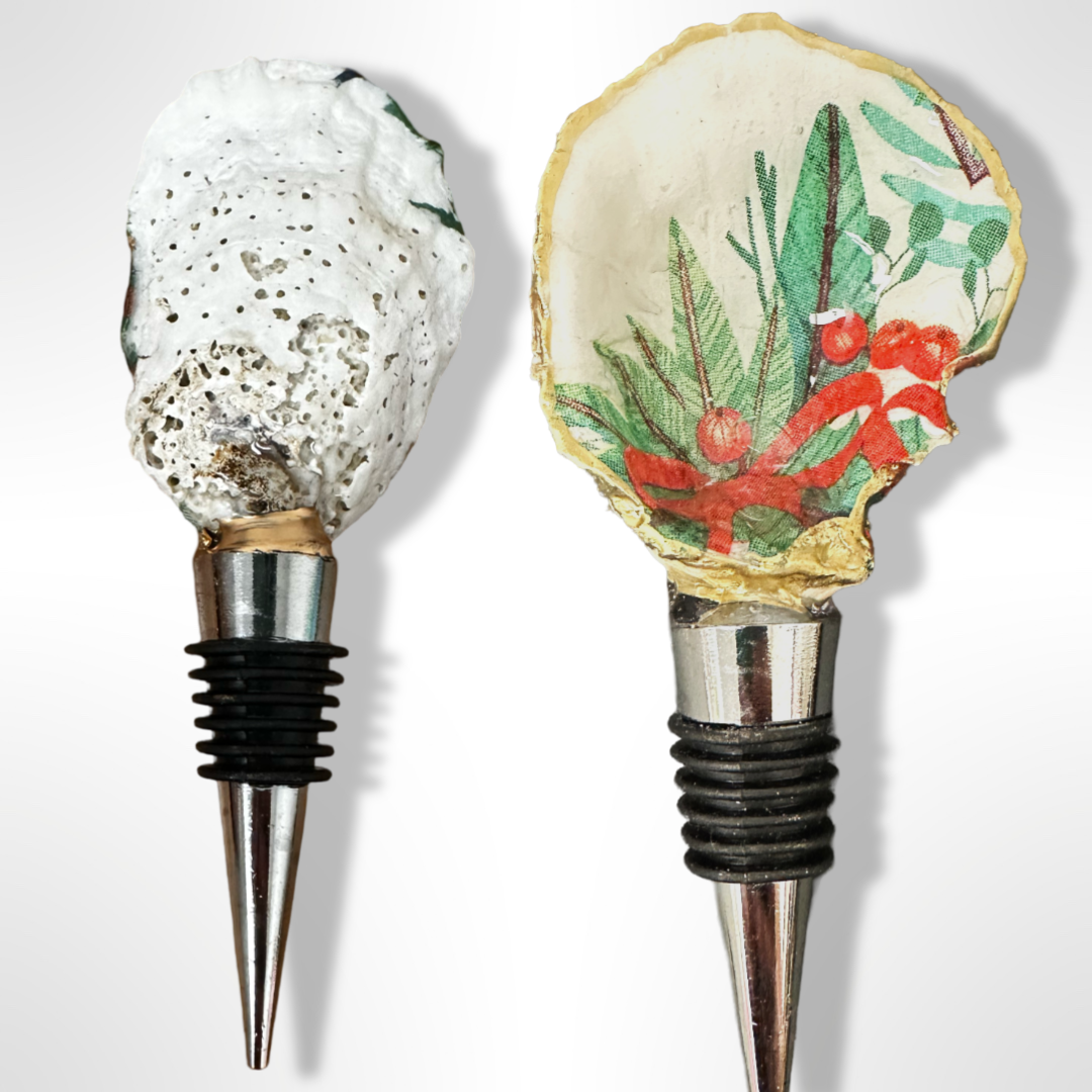 Festive Greenery: Handcrafted Christmas Oyster Shell Wine Stoppers