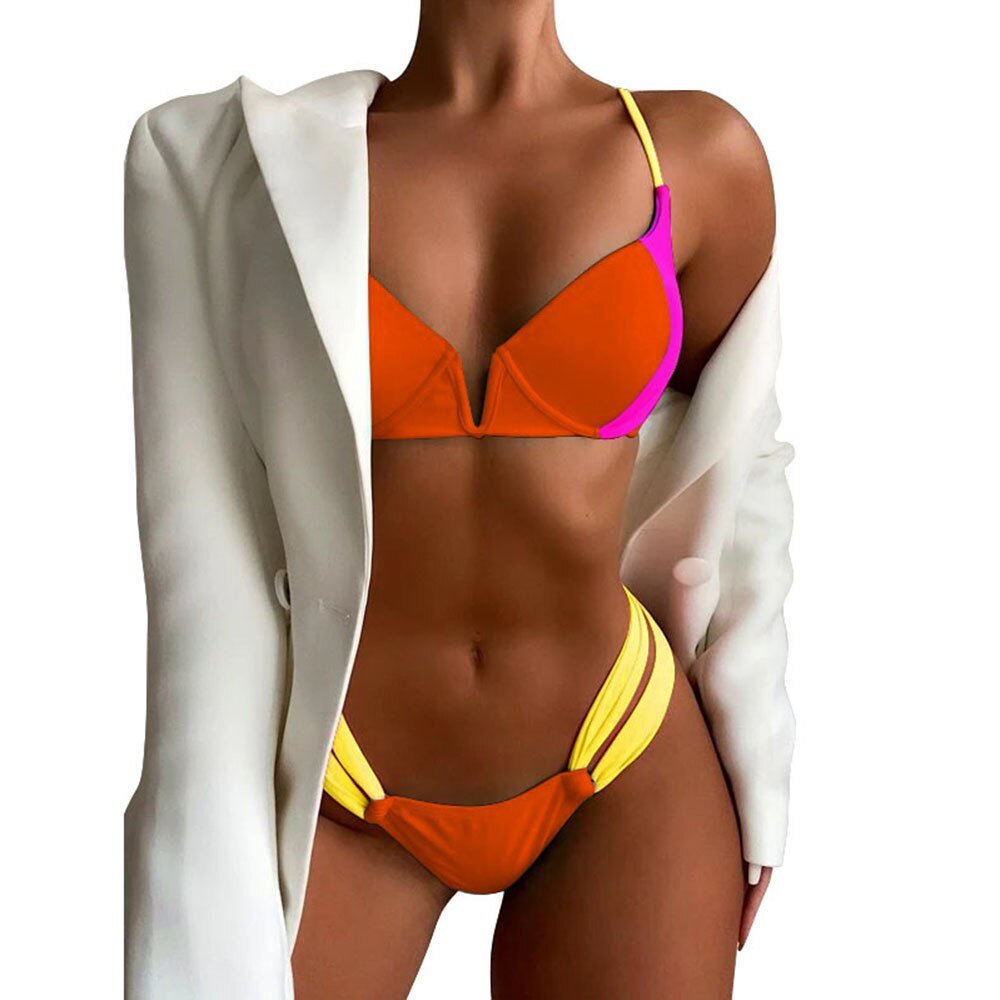 Push Up V-neck Patchwork Bikini - Shell Yeah by JaksSOrange RedORANGERED-SOther